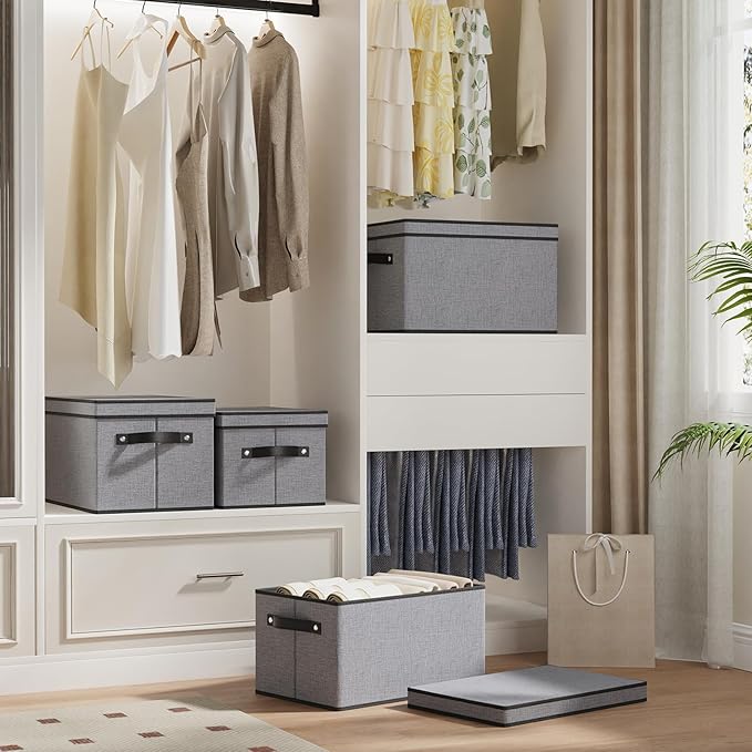 Storage Boxes, 15 x 9.8 x 8.3 Inch Baskets for Organizing with Lids, Fabric Bins with Handles, Decorative Linen Closet Organizers, Gray, 5 Pack