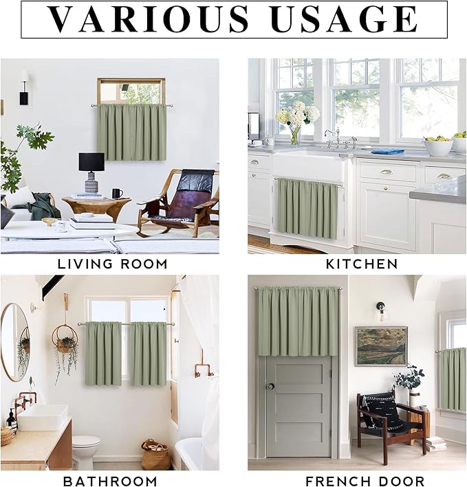 RYB HOME Small Window Curtains Blackout - Privacy Energy Saving Insulating Curtains Blinds for Bedroom Bathroom Basement Kids Nursery Kitchen, W 34 x L 48 inches, Sage Green, 2 Panels