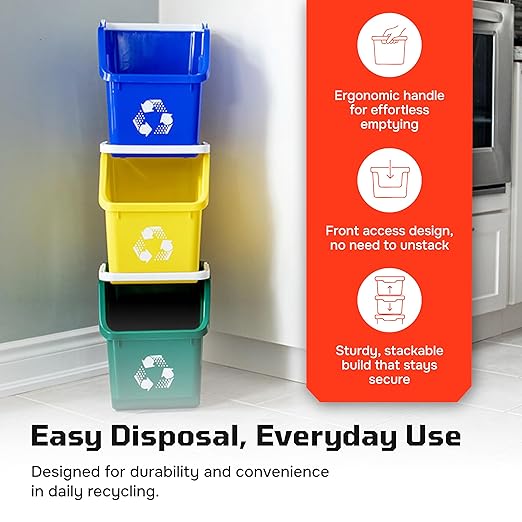 6 Gallon Stackable Recycling Bins for Homes, Garages, Offices Made of 100% Recycled Plastic - (Red, 12 Pack)