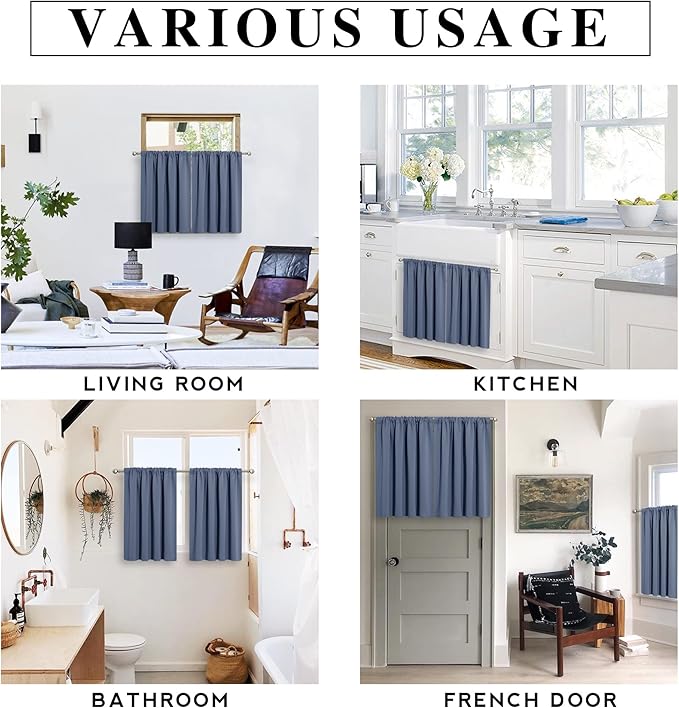 RYB HOME RV Curtains for Camper Windows - Soft Thermal Insulated Small Window Curtain Tiers for Cafe Kitchen Bedroom Basement Glass Door Window, W 42 x L 30 inches, Stone Blue, 2 Panels