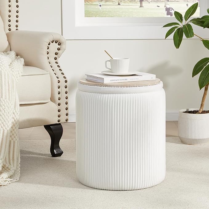 Round Ottoman with Storage Set of 2,Vanity Stool with Storage for Bedroom, Ottoman Coffee Table,Small Velvet Foot Stool for Living Room, White