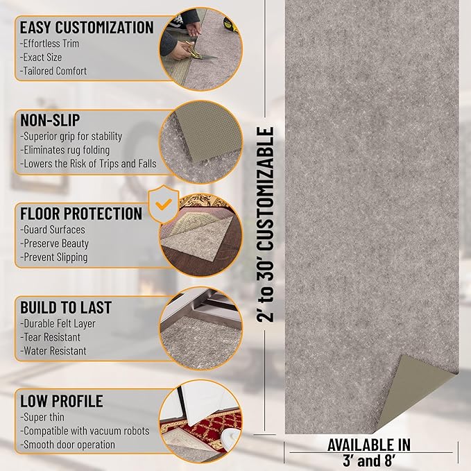 Ottomanson 3' x 3' Non-Slip Rug Pad Gripper 1/4 Inch Thick Dual Surface Felt + Rubber Gripper - Safe for All Floors, Brown