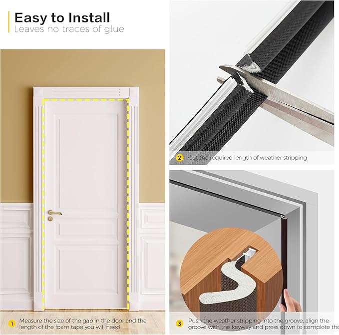 Weather Stripping Door Seal Strip - Soundproof Q-Shaped Foam for Exterior Door Frame, Large Gap Seal, Noise Cancelling, Easy to Install (Black, 21FT)