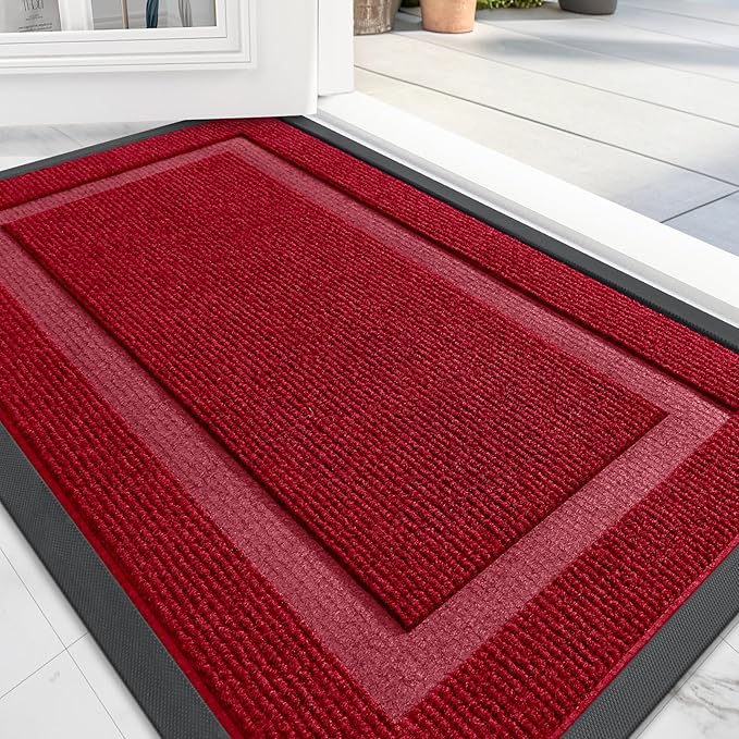 OLANLY Front Door Mat Indoor Outdoor Entrance, Waterproof All-Season, All-Weather Doormat, Sturdy Natural Rubber, Fade Resistant, Low Profile, Easy Clean Patio Porch Entryway Mat, 29.5x17, Wine Red