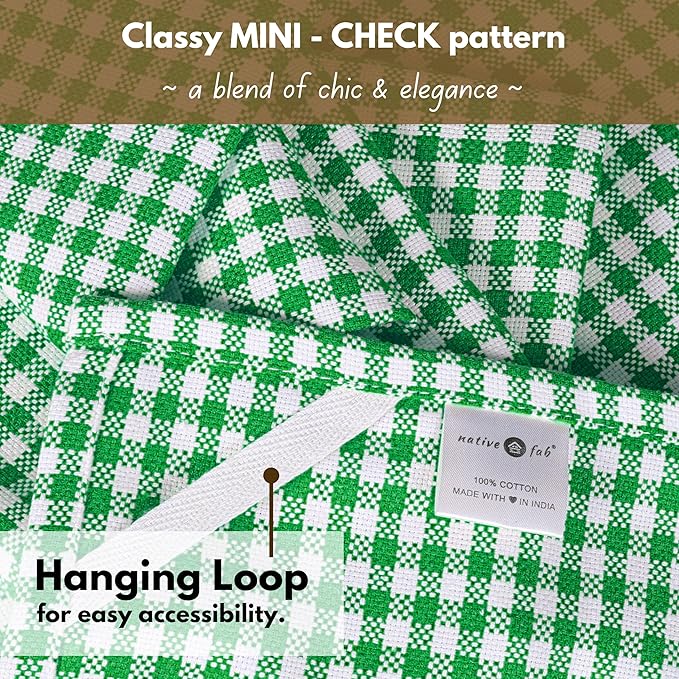 Native Fab Set of 12 Gingham Mini Check Kitchen Towels 16"x26" - Cotton Dish Towels - Soft Absorbent Hand Towels with Hanging Loop, Washcloths for Quick Drying, Cleaning - Green White