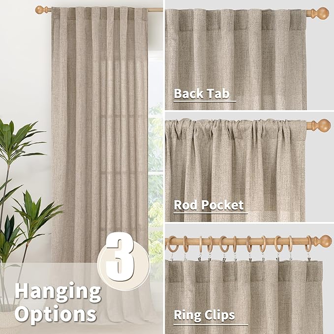 YoungsTex Dark Oatmeal Linen Curtains 102 Inch Length for Living Room, Long Semi Sheer Drapes with Rod Pocket Back Tab Light Filtering for Office Dining Bedroom, 2 Panels, 52 X 102 Inch