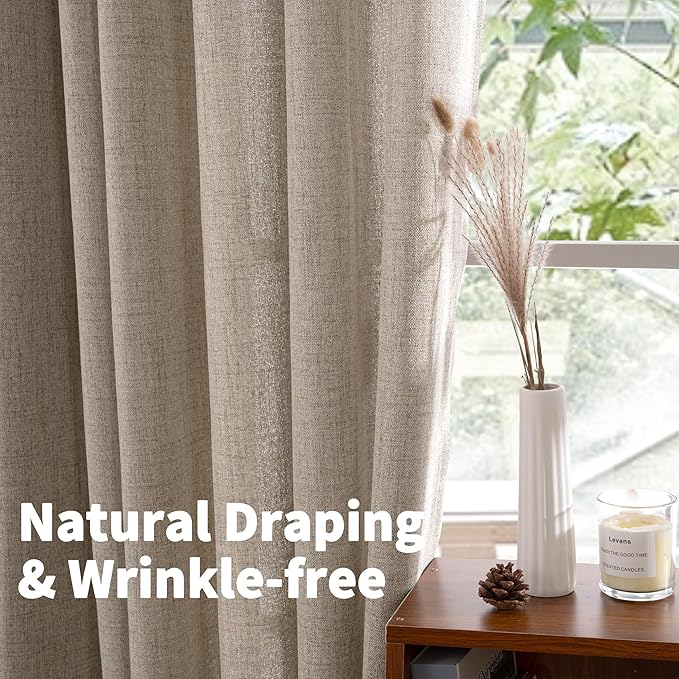 YoungsTex Dark Oatmeal Linen Semi Sheer Curtains 80 Inch Length for Living Room, Light Filtering Window Treatments Drapes with Rod Pocket Back Tab for Bedroom, 2 Panels, 52 X 80 Inch