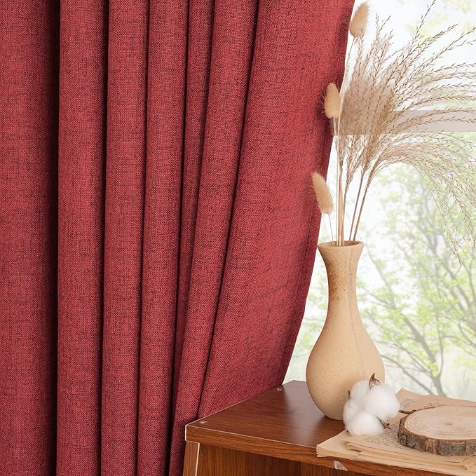 YoungsTex Red Linen Semi Sheer Curtains 84 Inch Length for Living Room 2 Panels Set, Christmas Light Filtering Window Treatments Drapes with Rod Pocket Back Tab for Bedroom Dining, 52 X 84 Inch