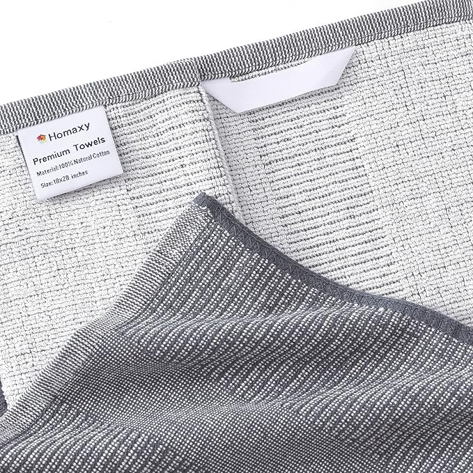 Homaxy Premium Kitchen Towels(18”x 28”, 12 Pack), Large Cotton Kitchen Hand Towels, Flat and Terry Dish Towels, 380 GSM Highly Absorbent Tea Towel Set with Hanging Loop, Grey/Khaki/Black