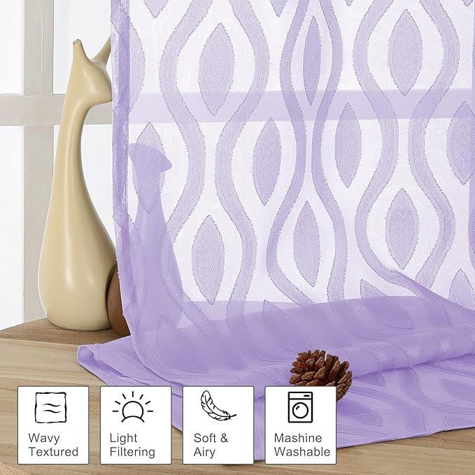 Aiyufeng Light Purple Sheer Curtains 54 Inch Length 2 Panels, Soft Lightweight Clip Jacquard Textured Sheer Curtain Panels, Modern Wavy Line Voile Sheer Curtain for Bedroom Living Room, 40Wx54L Inches