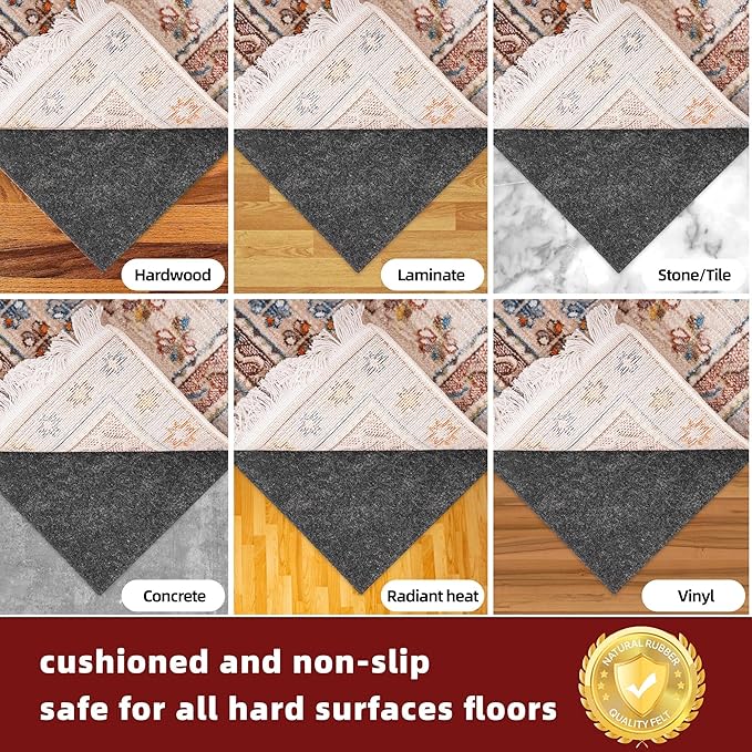 BAGAIL Felt and Natural Rubber Backing Rug Pads 1/8” Thick, 6 x 9 Ft Non Slip Rug Gripper Keep Rugs in Place, Under Area Rug Protective Cushioned Pads, Carpet Runners, Hardwood Floors Protection
