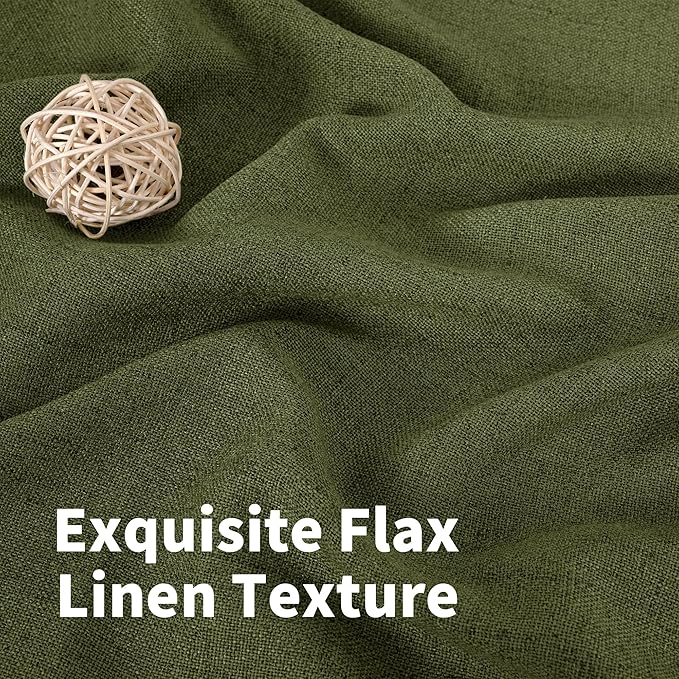 YoungsTex Olive Green Linen Curtains 48 Inch Length for Kitchen, Semi Sheer Small Window Drapes with Rod Pocket Back Tab Light Filtering for Short Living Room Bedroom, 2 Panels, 42 X 48 Inch