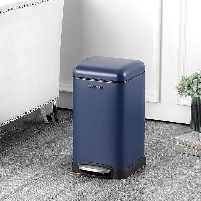 happimess HPM1012F Betty Retro Mini 3.2-Gallon Step-Open Trash Can, Fingerprint Resistant, Modern, Minimalistic for Home, Kitchen, Laundry Room, Office, Bedroom, Bathroom, Denim Blue