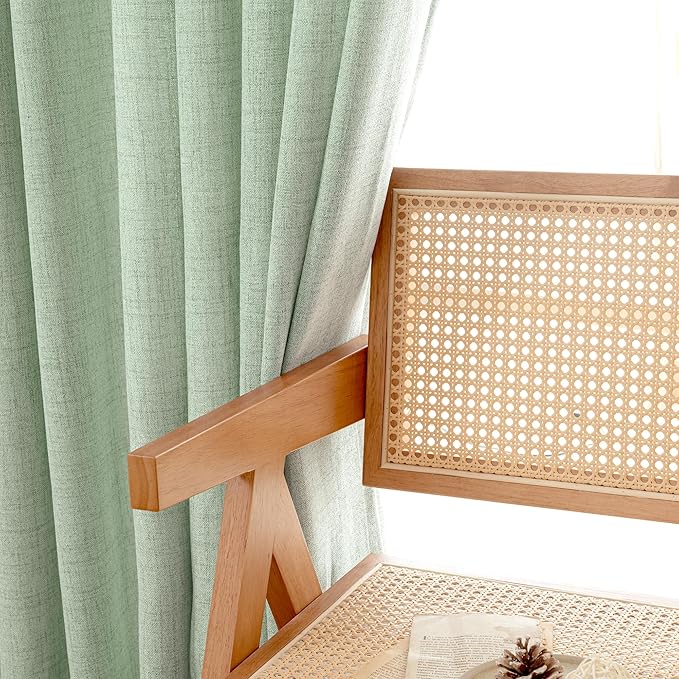 YoungsTex Light Green Linen Semi Sheer Curtains 84 Inch Length 2 Panels for Living Room, Sage Boho Light Filtering Drapes with Back Tab Rod Pocket Window Treatments for Dining Bedroom, 52 X 84 Inch