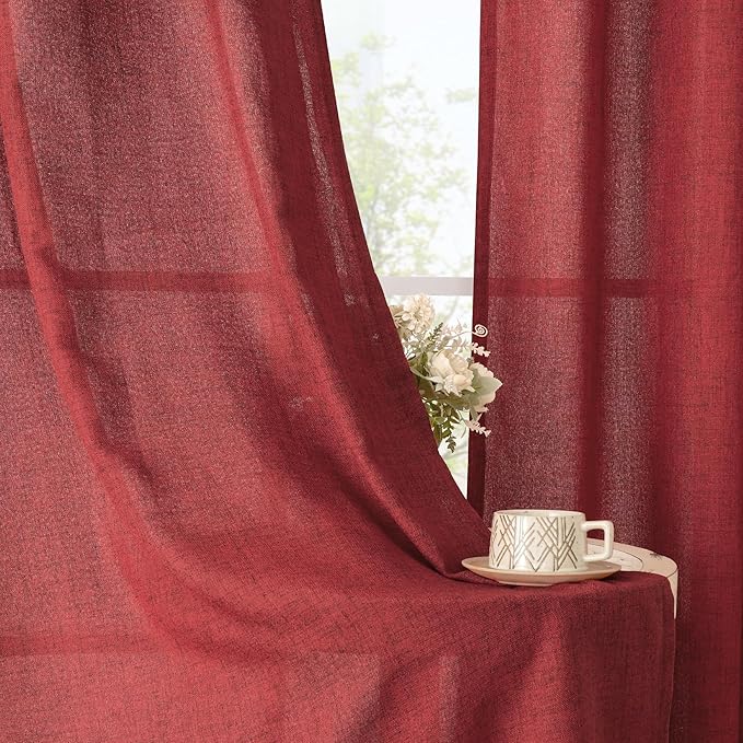 YoungsTex Red Short Linen Curtains 36 Inch Length for Kitchen, Small Window Drapes with Rod Pocket Back Tab Light Filtering Christmas Decor for Bathroom Cafe, 2 Panels, 42 X 36 Inch