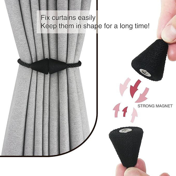 4 Pack Magnetic Curtain Tiebacks Rope Modern Handmade Curtain Tie Backs Decorative Drapes Weave Holdbacks for Window Décor, Black