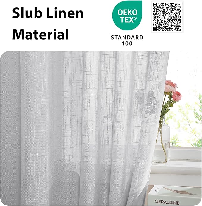NICETOWN French Door Panel with Tieback - Linen Look Sheer Curtain Linen Textured Sheer French Door Panel with a Tieback (52 Width x 72 Length, Light Grey, 1 PC)