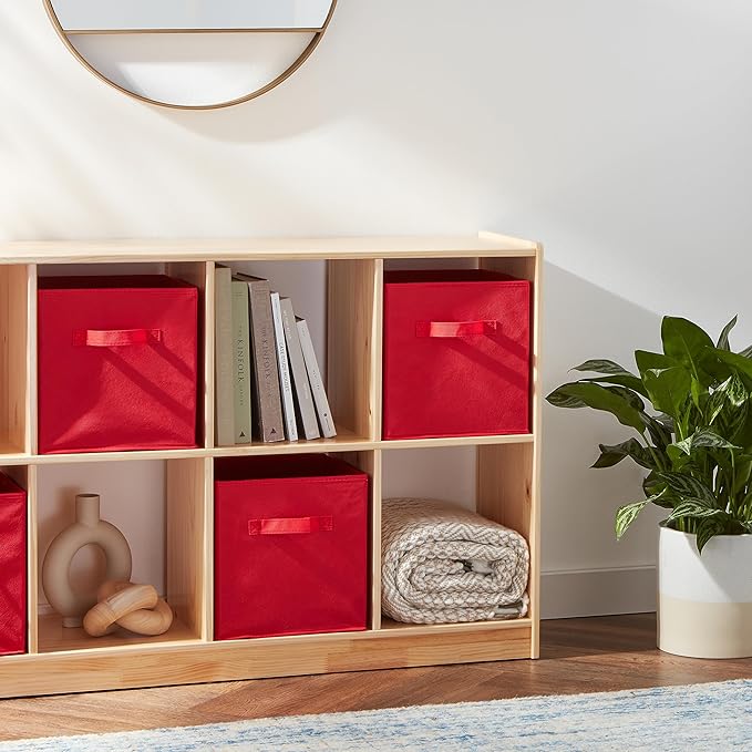 Amazon Basics Cube Organizer Storage Bins Handles, Collapsible Fabric, Pack of 30, 10.5"x10.5"x11", Red