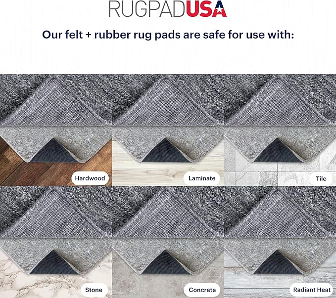 RUGPADUSA - Dual Surface - 8' Square - 3/8" Thick - Felt + Rubber - Enhanced Non-Slip Rug Pad - Adds Comfort and Protection - for Hard Surface Floors
