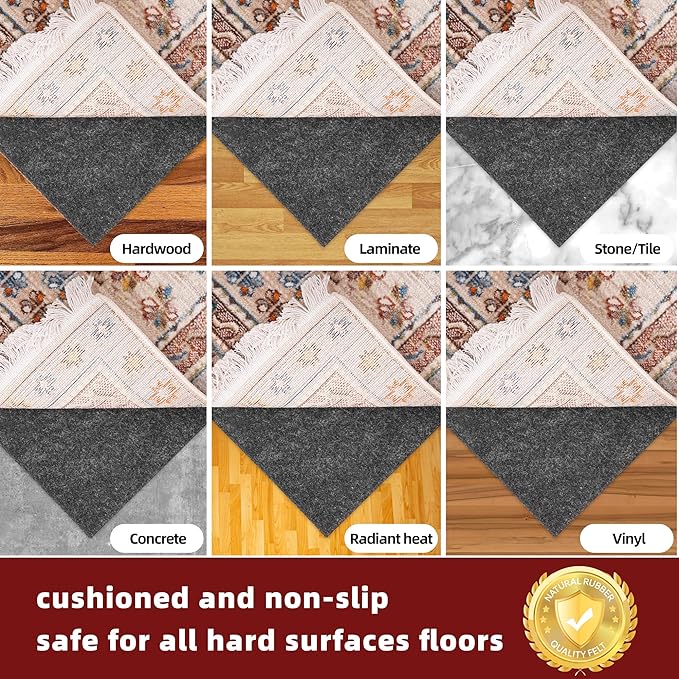 BAGAIL Felt and Natural Rubber Backing Rug Pads 1/4” Thick, 10 x 14 Ft Non Slip Carpet Gripper Keep Rugs in Place, Under Area Rug Protective Cushioned Pads, Carpet Runners, Hardwood Floors Protection